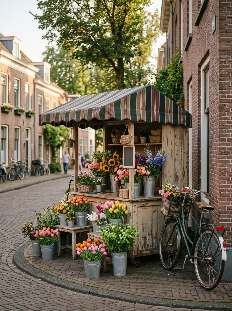 Sfeervolle bloemenwinkel met zinken emmers vol kleurrijke tulpen en ranonkels