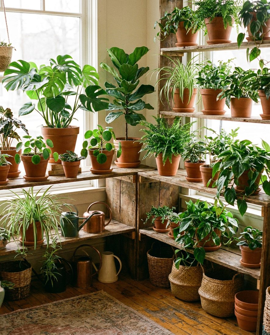 Lush groene kamerplanten in terracotta potten
