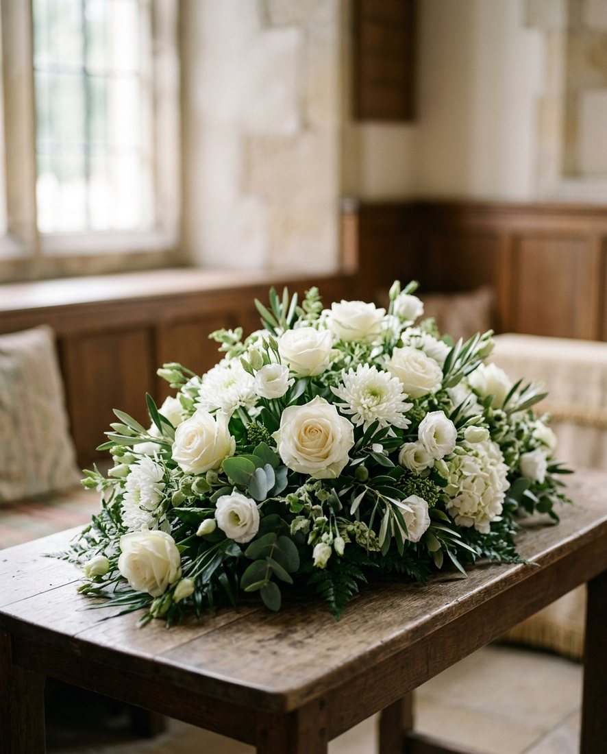 Rouwstuk van witte rozen en chrysanten