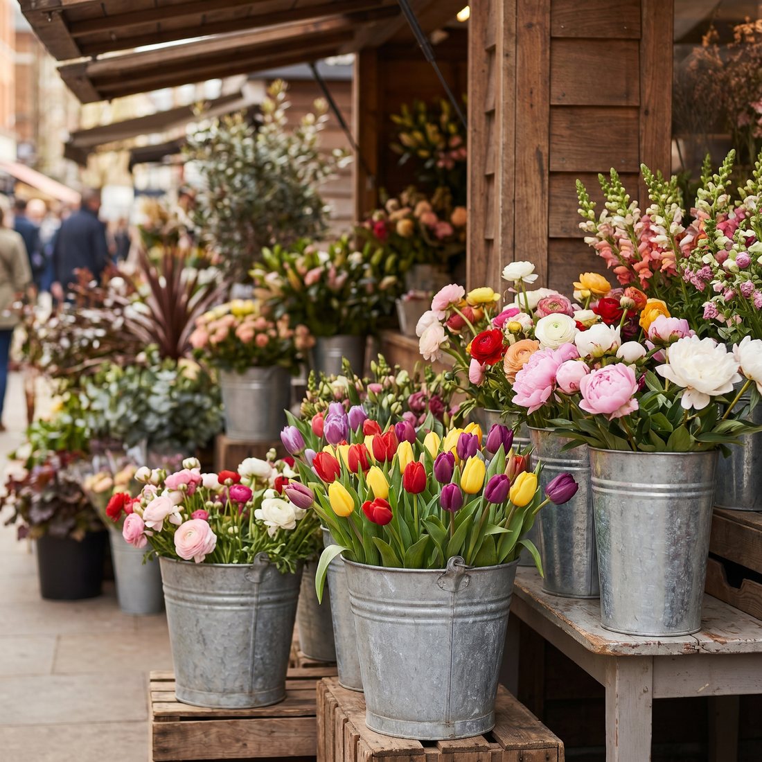 Zinken emmers vol kleurrijke verse bloemen